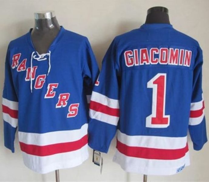 NHL Rangers 1 Eddie Giacomin Light Blue CCM Throwback Men Jersey