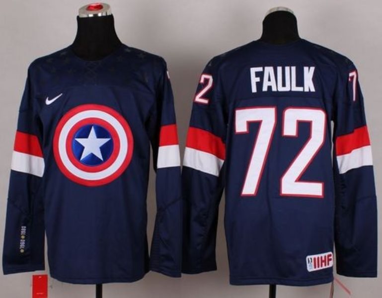 Olympic Team USA 72 Justin Faulk Navy Blue Captain America Fashion Stitched NHL Jersey