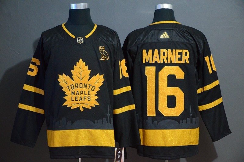 NHL Leafs 16 Mitchell Marner Black With Special Glittery Logo Adidas Men Jersey