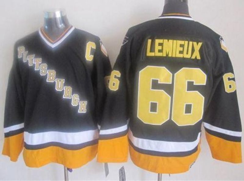 NHL Penguins 66 Mario Lemieux Black Yellow CCM Throwback Men Jersey