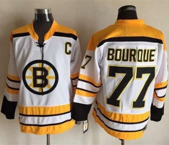 NHL Bruins 77 Ray Bourque White C Patch CCM Throwback Men Jersey