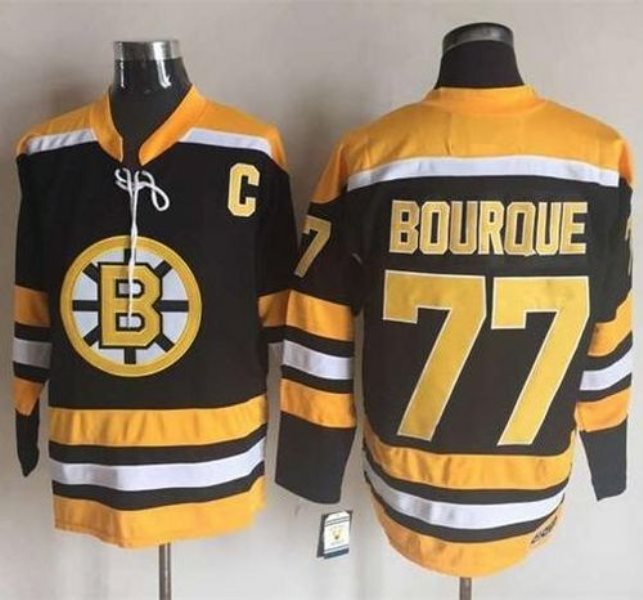 NHL Bruins 77 Ray Bourque Black Yellow CCM Throwback New C Patch Men Jersey