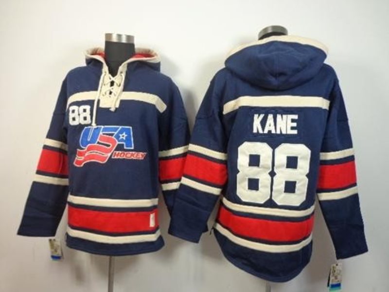 Olympic Team USA 88 Patrick Kane Navy Blue Throwback Sawyer Hooded Sweatshirt Stitched NHL Jersey