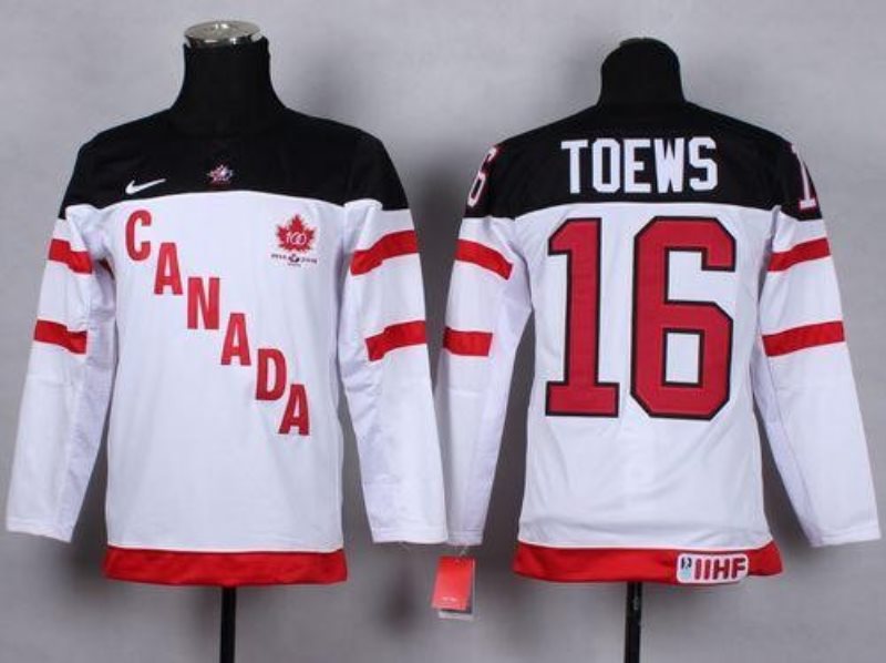 Team Canada 16 Jonathan Toews White 100th Anniversary Stitched Youth NHL Jersey