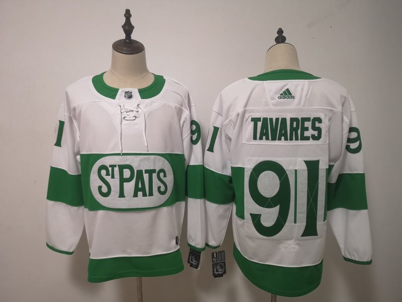 NHL Leafs 91 John Tavares White 2019 St. Patrick's Day Adidas Men Jersey