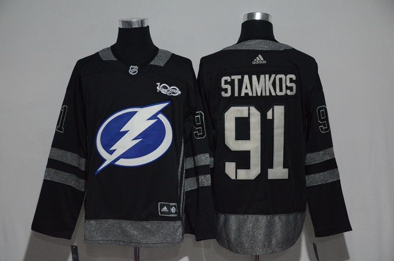 NHL Lightning 91 Steven Stamkos Black 100th Anniversary Season Men Jersey