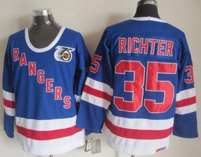 NHL Rangers 35 Mike Richter Blue CCM 75TH Men Jersey
