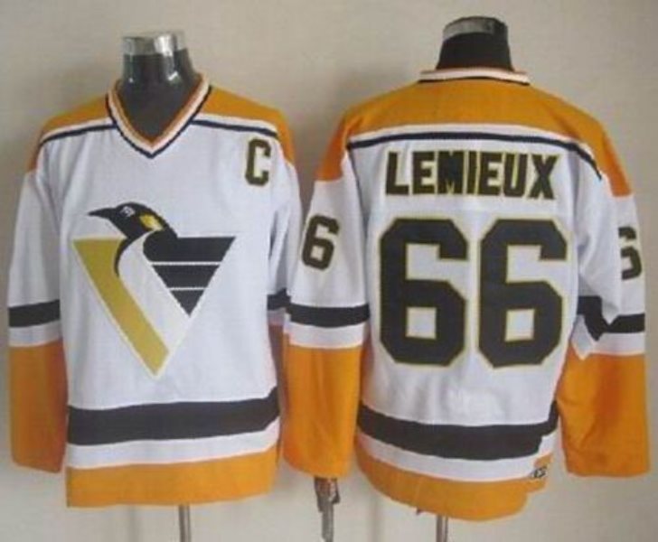 NHL Penguins 66 Mario Lemieux White Yellow CCM Throwback Men Jersey
