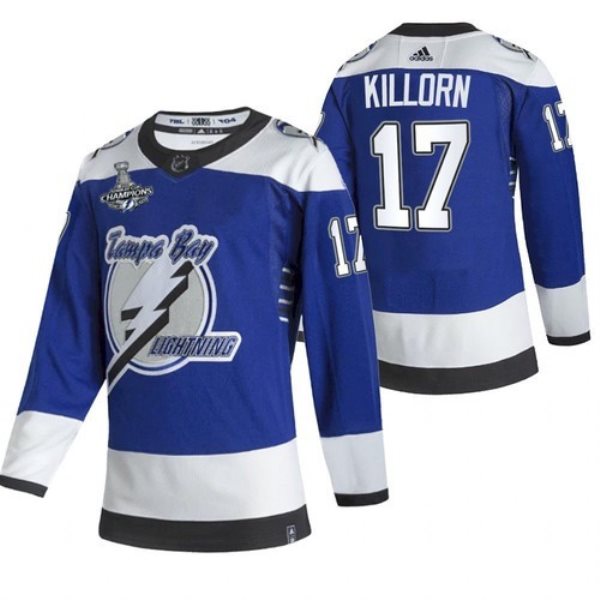 NHL Lightning 17 Alex Killorn 2021 Blue Stanley Cup Champions Reverse Retro Adidas Men Jersey