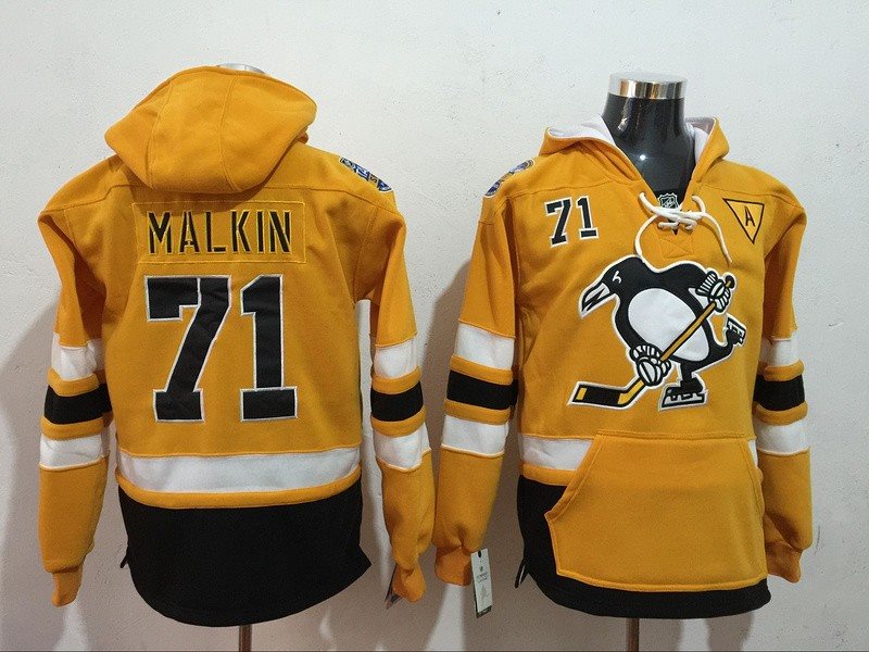 NHL Penguins 71 Evgeni Malkin Yellow All Hooded Men Sweatshirt
