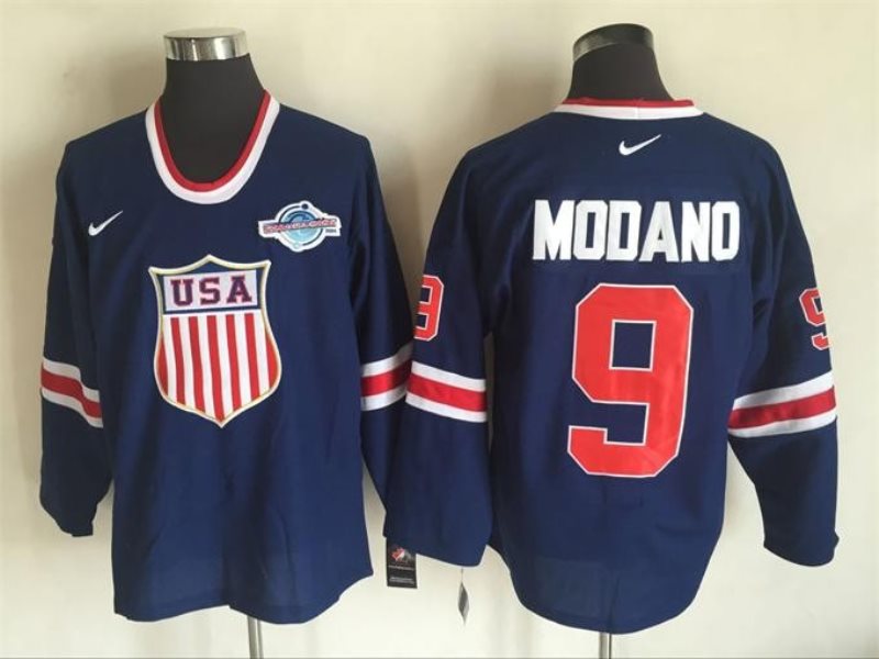 Team USA #9 Mike Modano Navy Blue 2014 Winter Olympics Nike Throwback Stitched Jersey