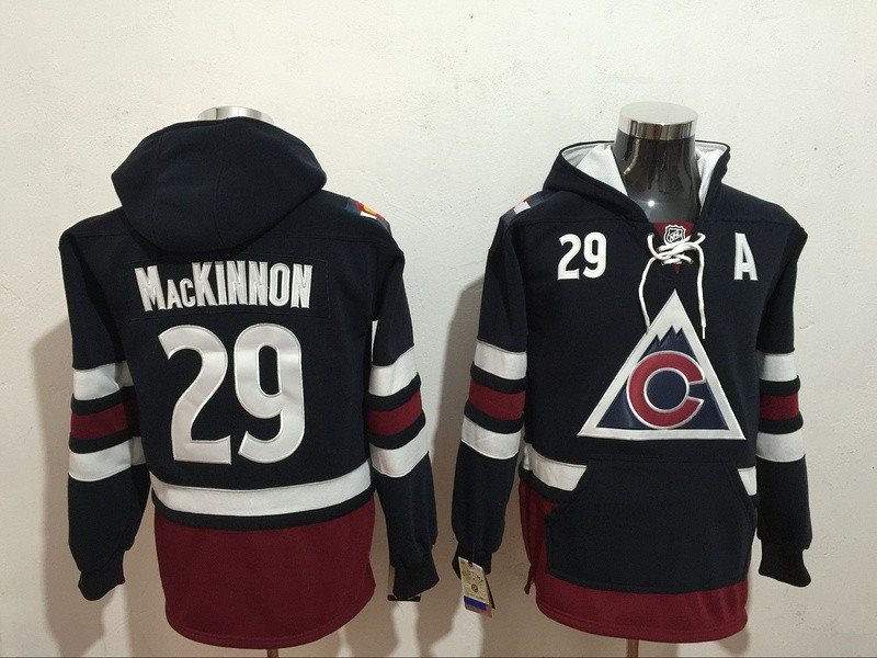 NHL Avalanche 29 Nathan MacKinnon Navy All Hooded Men Sweatshirt