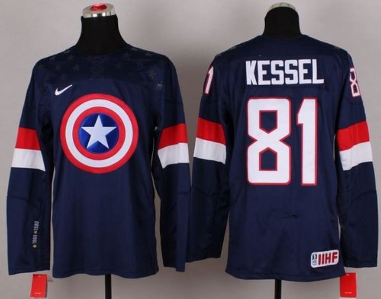 Olympic Team USA 81 Phil Kessel Navy Blue Captain America Fashion Stitched NHL Jersey