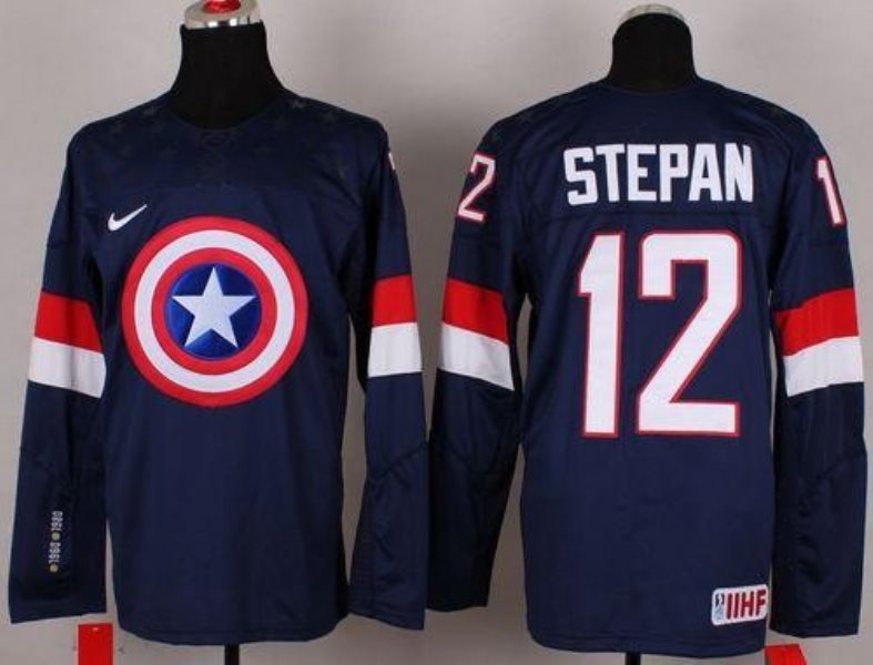 Olympic Team USA 12 Derek Stepan Navy Blue Captain America Fashion Stitched NHL Jersey