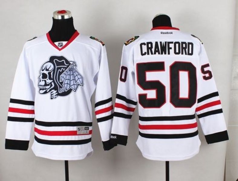 NHL Blackhawks 50 Corey Crawford White(White Skull) Men Jersey