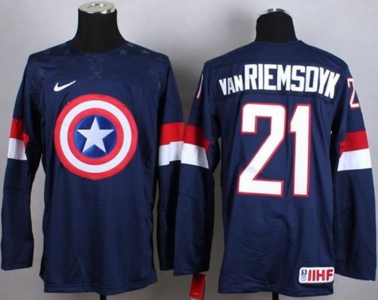 Olympic Team USA 21 James van Riemsdyk Navy Blue Captain America Fashion Stitched NHL Jersey