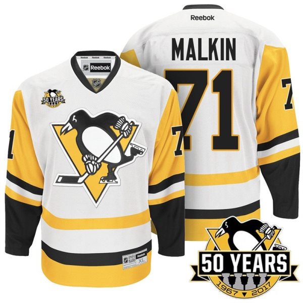 NHL Penguins 71 Evgeni Malkin 50th Anniversary White Gold Away Reebok Men Jersey