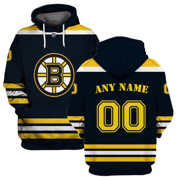 NHL Bruins Black Customized All Stitched Hooded Men Sweatshirt