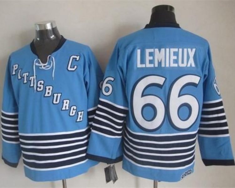 NHL Penguins 66 Mario Lemieux Light Blue CCM Throwback Men Jersey
