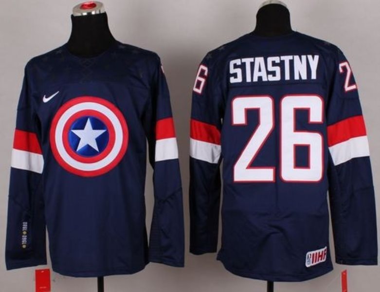 Olympic Team USA 26 Paul Stastny Navy Blue Captain America Fashion Stitched NHL Jersey