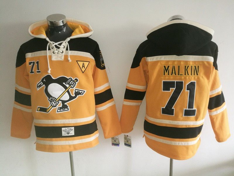 NHL Penguins 71 Evgeni Malkin Orange All Hooded Men Sweatshirt