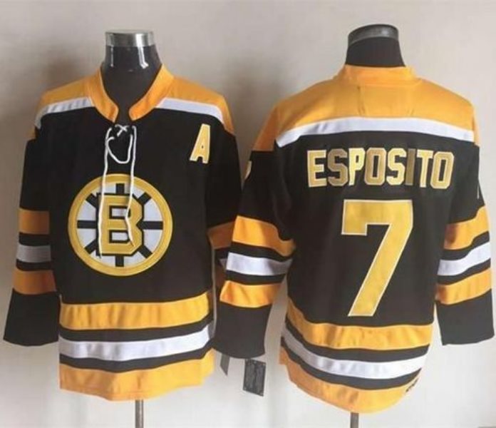 NHL Bruins 7 Phil Esposito Black Yellow CCM Throwback New A Patch Men Jersey
