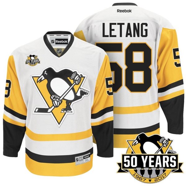 NHL Penguins 58 Kris Letang 50th Anniversary White Gold Away Reebok Men Jersey