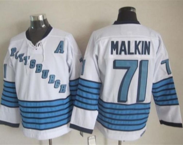NHL Penguins 71 Evgeni Malkin White-Light Blue CCM Throwback Men Jersey