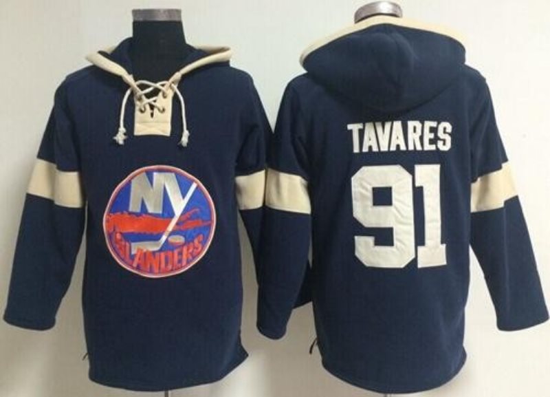 NHL Islanders 91 John Tavares Dark Blue Pullover Men Hoodie