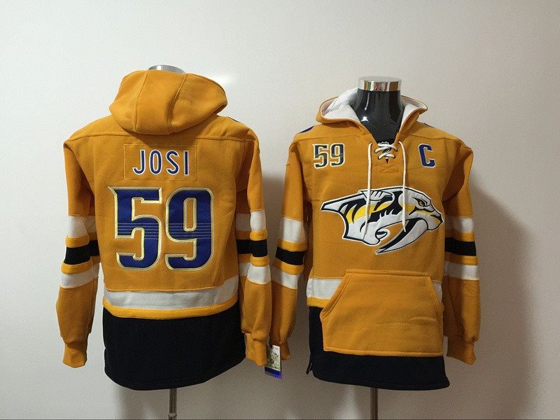 NHL Predators 59 Roman Josi Yellow Hooded Men Sweatshirt