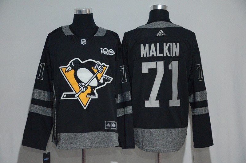 NHL Penguins 71 Evgeni Malkin 100th Anniversary Black Adidas Men Jersey
