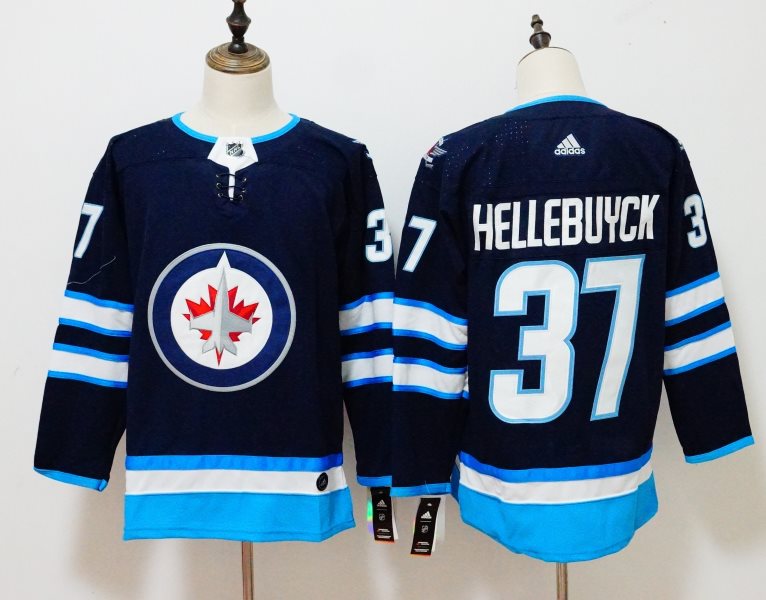 NHL Jets37 Connor Hellebuyck Navy Adidas Men Jersey