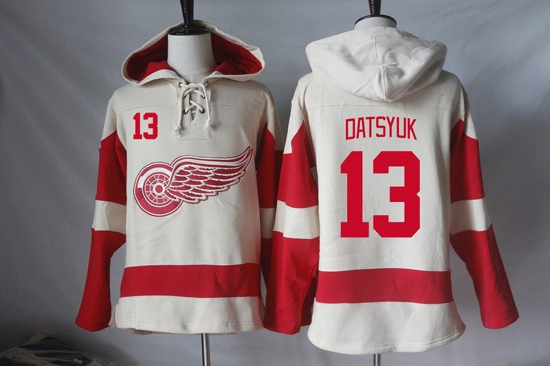 NHL Red Wings 13 Pavel Datsyuk Cream Hooded Men Sweatshirt
