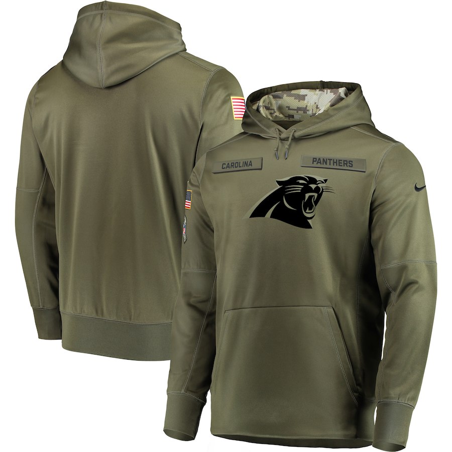 Men's Olive Carolina Panthers 2018 Salute to Service Sideline Therma Performance Pullover Stitched Hoodie