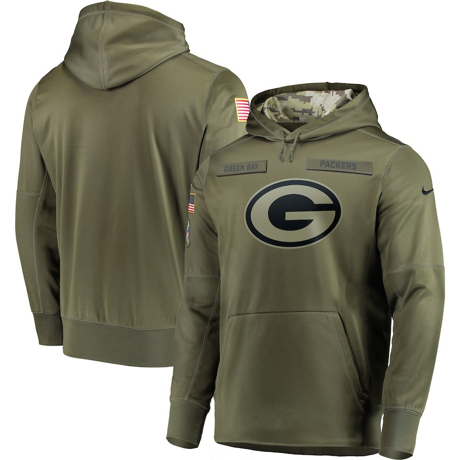 Men's Olive Green Bay Packers 2018 Salute to Service Sideline Therma Performance Pullover Stitched Hoodie