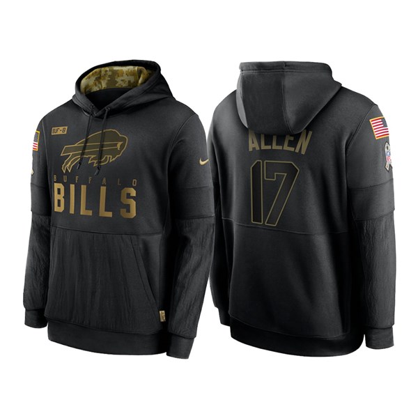 Men's Buffalo Bills Black #17 Josh Allen Salute To Service Sideline Performance Pullover Hoodie 2020