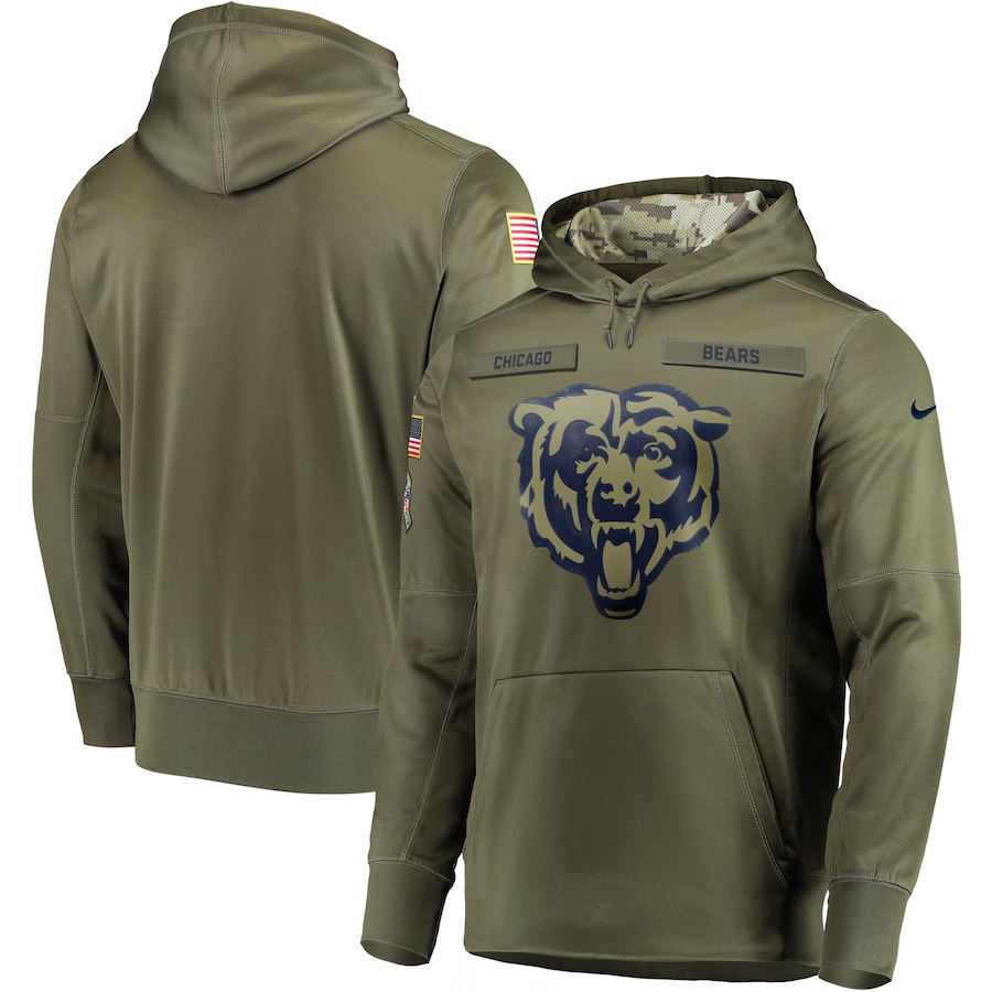 Men's Olive Chicago Bears 2018 Salute to Service Sideline Therma Performance Pullover Stitched Hoodie