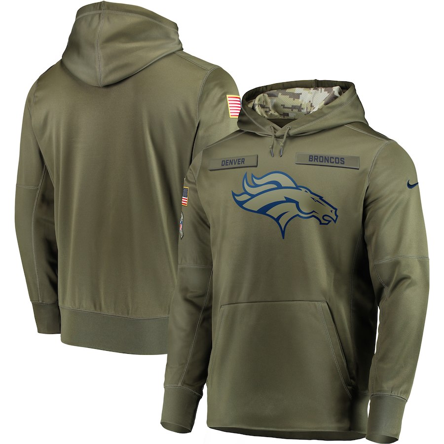 Men's Olive Denver Broncos 2018 Salute to Service Sideline Therma Performance Pullover Stitched Hoodie