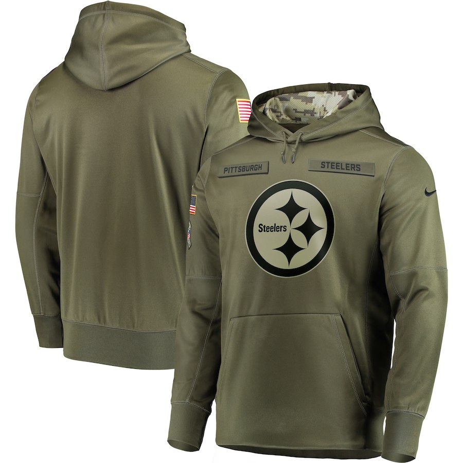 Men's Olive Pittsburgh Steelers 2018 Salute to Service Sideline Therma Performance Pullover Stitched Hoodie