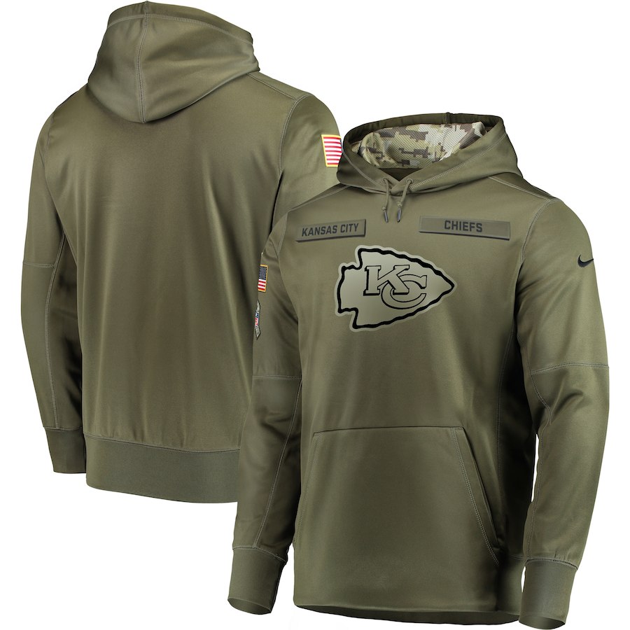 Men's Olive Kansas City Chiefs 2018 Salute to Service Sideline Therma Performance Pullover Stitched Hoodie
