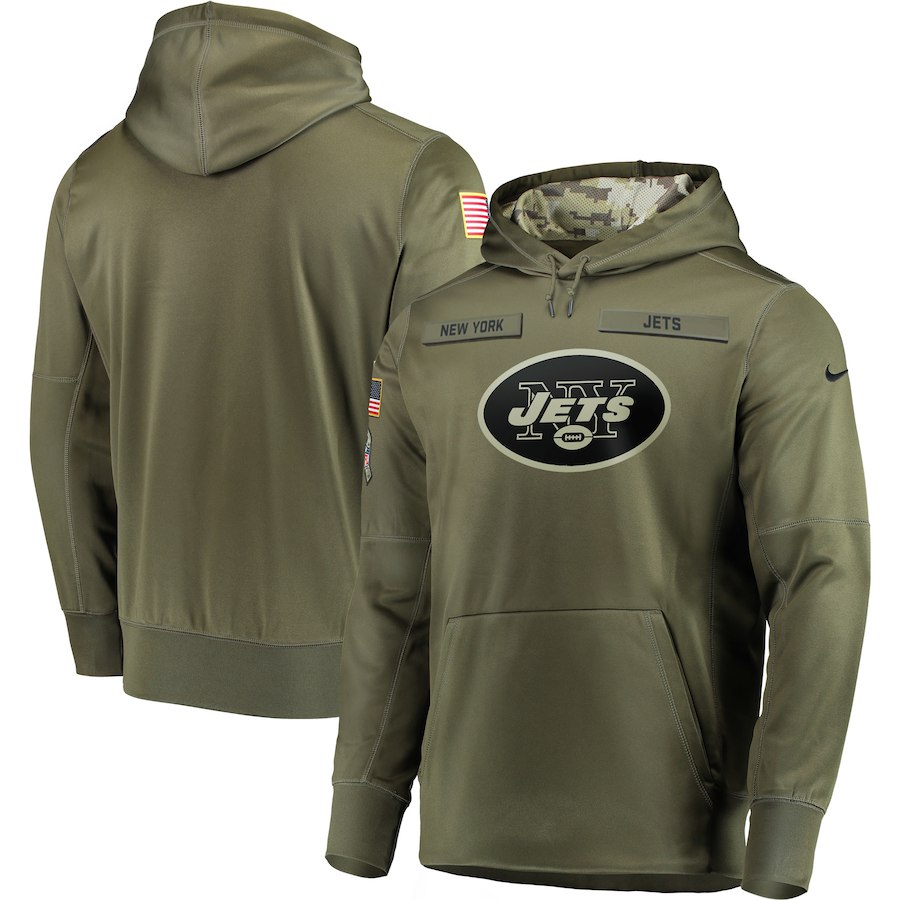 Men's Olive New York Jets 2018 Salute to Service Sideline Therma Performance Pullover Stitched Hoodie