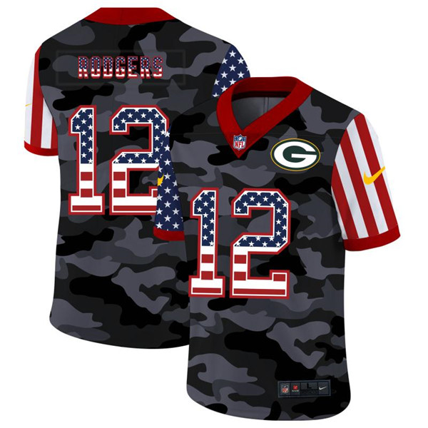 Men's Green Bay Packers Black #12 Aaron Rodgers 2020 Camo USA Flag Limited Stitched Jersey