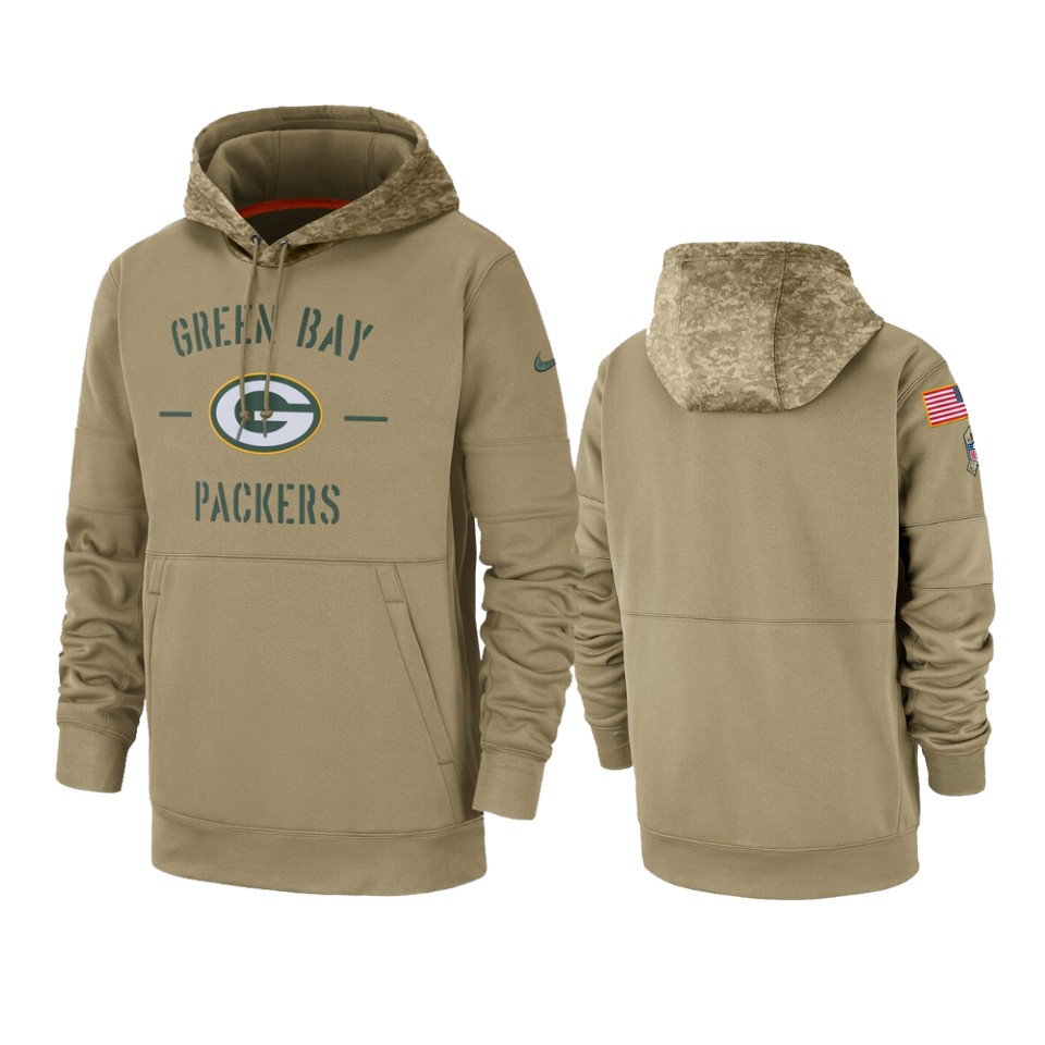 Men's Tan Green Bay Packers 2019 Salute to Service Sideline Therma Pullover Hoodie