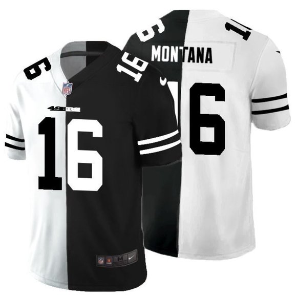 Men's San Francisco 49ers Black & White Split #16 Joe Montana Limited Stitched Jersey