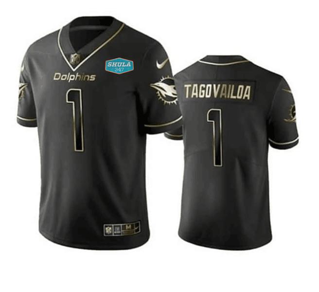 Men's Miami Dolphins #1 Tua Tagovailoa 2020 Black With 347 Shula Patch Gold Limited Stitched NFL Jersey
