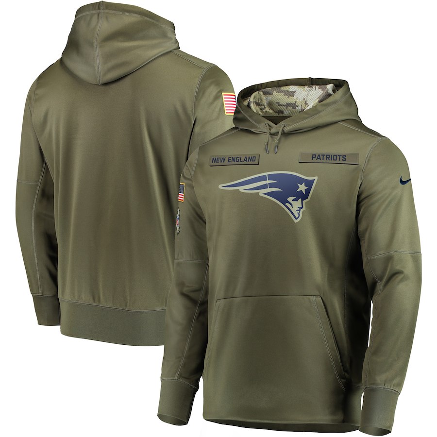 Men's Olive New England Patriots 2018 Salute to Service Sideline Therma Performance Pullover Stitched Hoodie