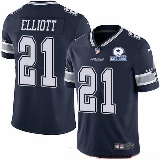 Men's Dallas Cowboys #21 Ezekiel Elliott Navy With Established In 1960 Patch Limited Stitched Jersey