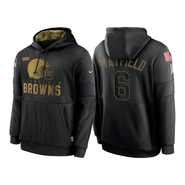 Men's Cleveland Browns Black #6 Baker Mayfield Salute To Service Sideline Performance Pullover Hoodie 2020