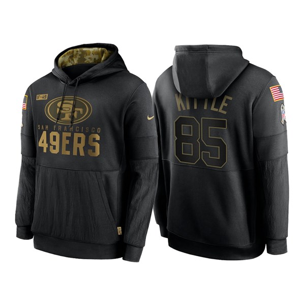 Men's San Francisco 49ers Black #85 George Kittle Salute To Service Sideline Performance Pullover Hoodie 2020