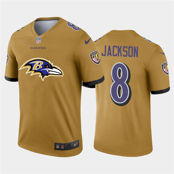 Men's Baltimore Ravens #8 Lamar Jackson 2020 Team Big Logo Gold NFL Stitched Jersey